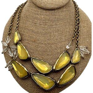 Vintage Statement Necklace Yellow Faceted Beads Antiqued Gold Tone Mid Century